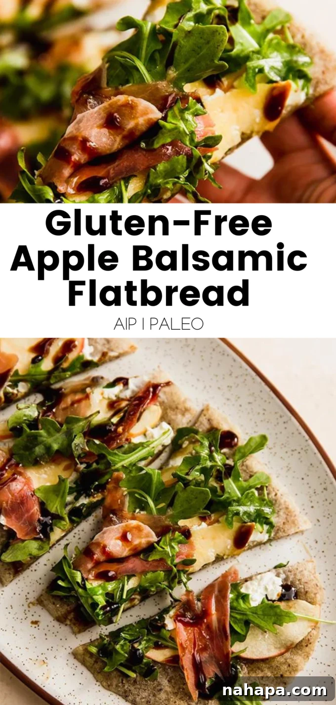 A high-angle shot of a fully prepared Gluten-Free Apple Balsamic Flatbread on a light background, showcasing its vibrant toppings and inviting texture.