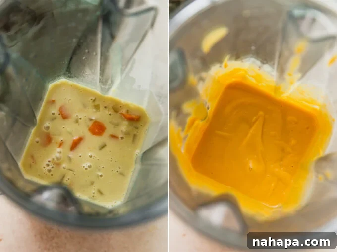 The dairy free cheese sauce ingredients in the blender before and after blending