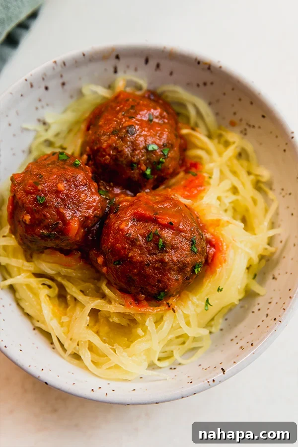 Rustic Italian Lamb Meatballs 6 Italian lamb meatballs over spaghetti squash.