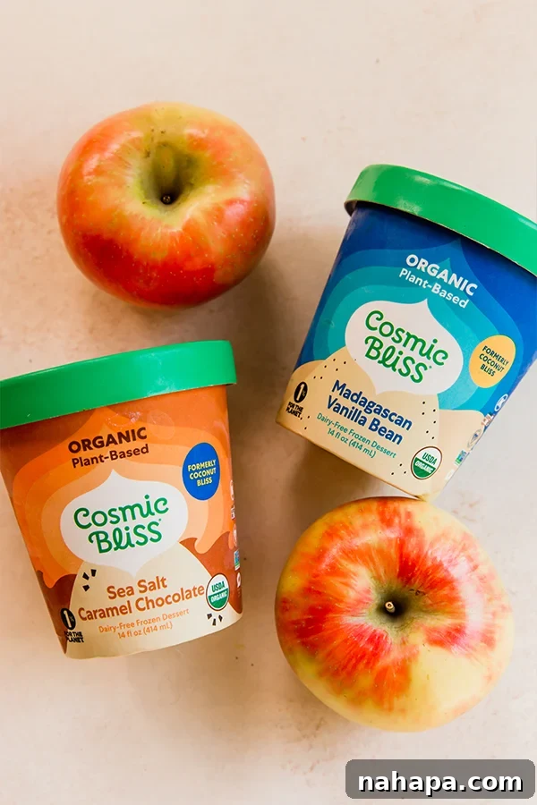 Warm Air Fryer Apples with Dairy-Free Ice Cream 3 The ingredients for air fryer "baked" apples including apples, nuts, spices, and Cosmic Bliss ice cream.