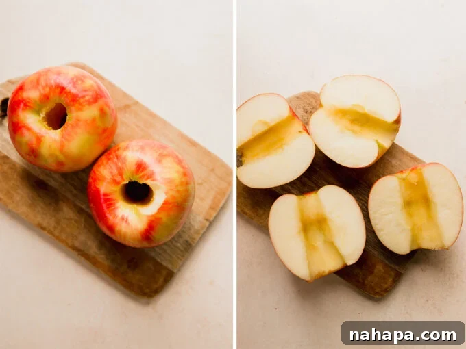 Warm Air Fryer Apples with Dairy-Free Ice Cream 5 Apples being cored and sliced in half, ready for the air fryer.