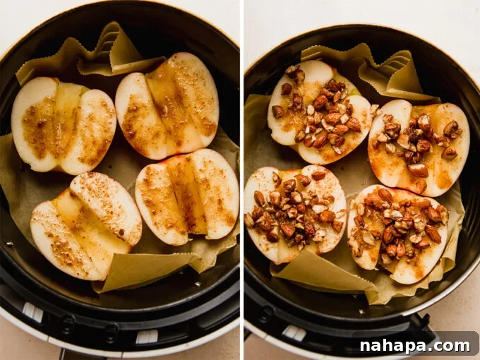 Warm Air Fryer Apples with Dairy-Free Ice Cream 6 Air fryer "baked apples" being prepped in the air fryer basket with parchment paper, topped with the ghee mixture and almonds.