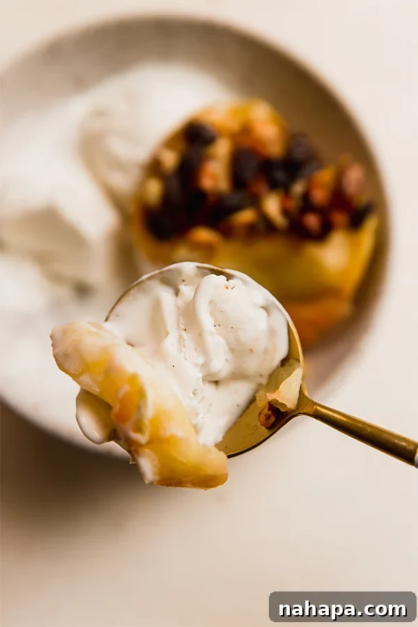 Warm Air Fryer Apples with Dairy-Free Ice Cream 9 A spoonful of air fryer "baked" apples and dairy-free ice cream, showcasing the soft apple and creamy dessert.