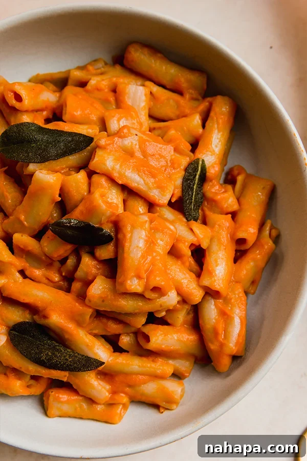 A second close-up shot of a bowl of pumpkin penne alla vodka, showing the creamy texture and sage garnish.
