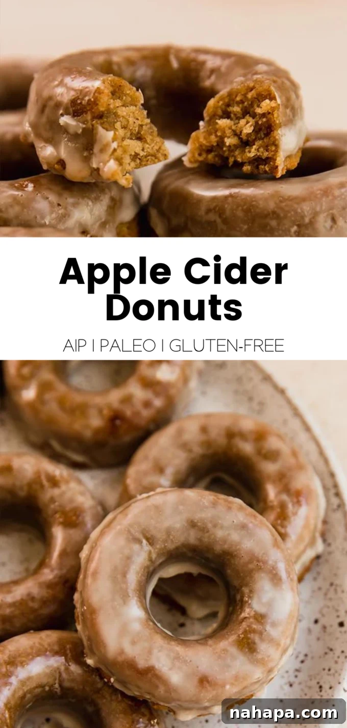A beautifully designed graphic for grain-free apple cider donuts, highlighting key dietary benefits such as paleo, AIP-friendly, egg-free, and dairy-free, suitable for social media sharing.