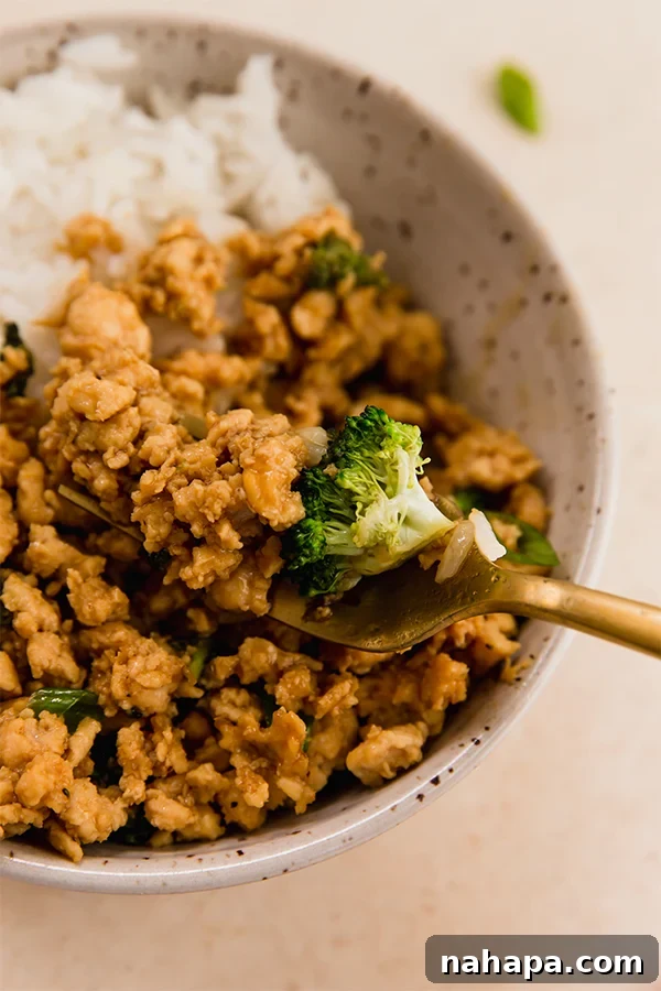 Flavorful Ground Chicken and Broccoli Skillet 3 A bowl of ground chicken and broccoli with rice.