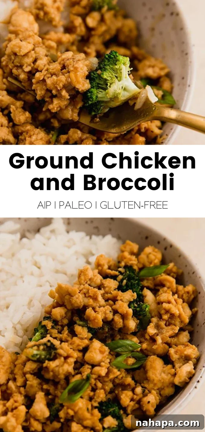Flavorful Ground Chicken and Broccoli Skillet 4 A graphic featuring the recipe title: Ground Chicken and Broccoli.