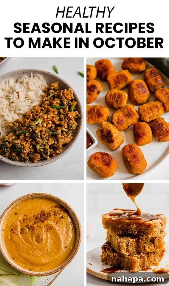 A vibrant flat lay of various cooked October recipes like pumpkin soup, roasted vegetables, and apple treats, showcasing healthy and comforting fall food