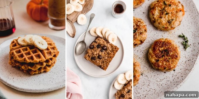A selection of healthy October breakfast options, including breakfast sausage, pumpkin waffles, and baked oatmeal