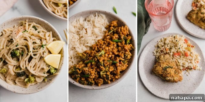 A spread of healthy and easy October main dishes, featuring chicken bowls, creamy pasta, and a skillet meal