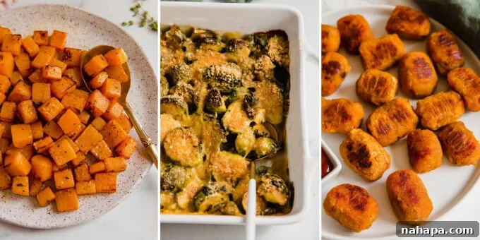 A variety of October side dishes, including roasted butternut squash, butternut tots, cornbread muffins, and Brussels sprouts gratin