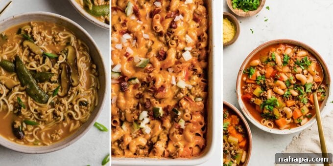 A collection of comforting October recipes, including Pasta Fagioli, Conchitas Con Carne, and a creamy ramen