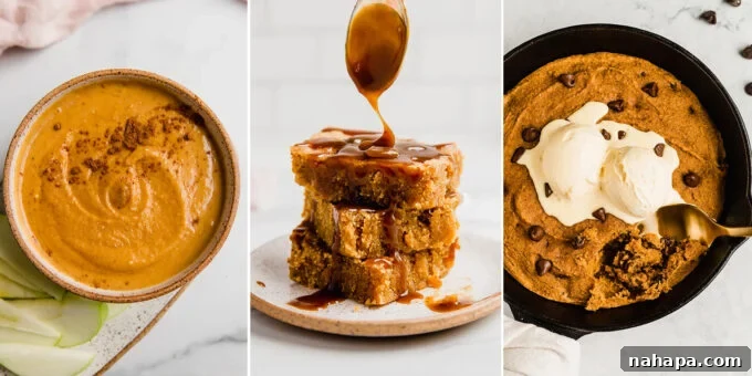 A selection of fall desserts and drinks, including a pumpkin chocolate chip cookie skillet, ginger pear mocktail, and pumpkin blondies
