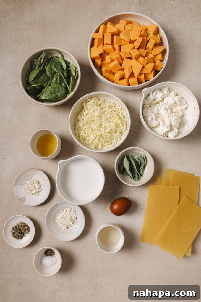 Butternut lasagna ingredients in separate bowls. 