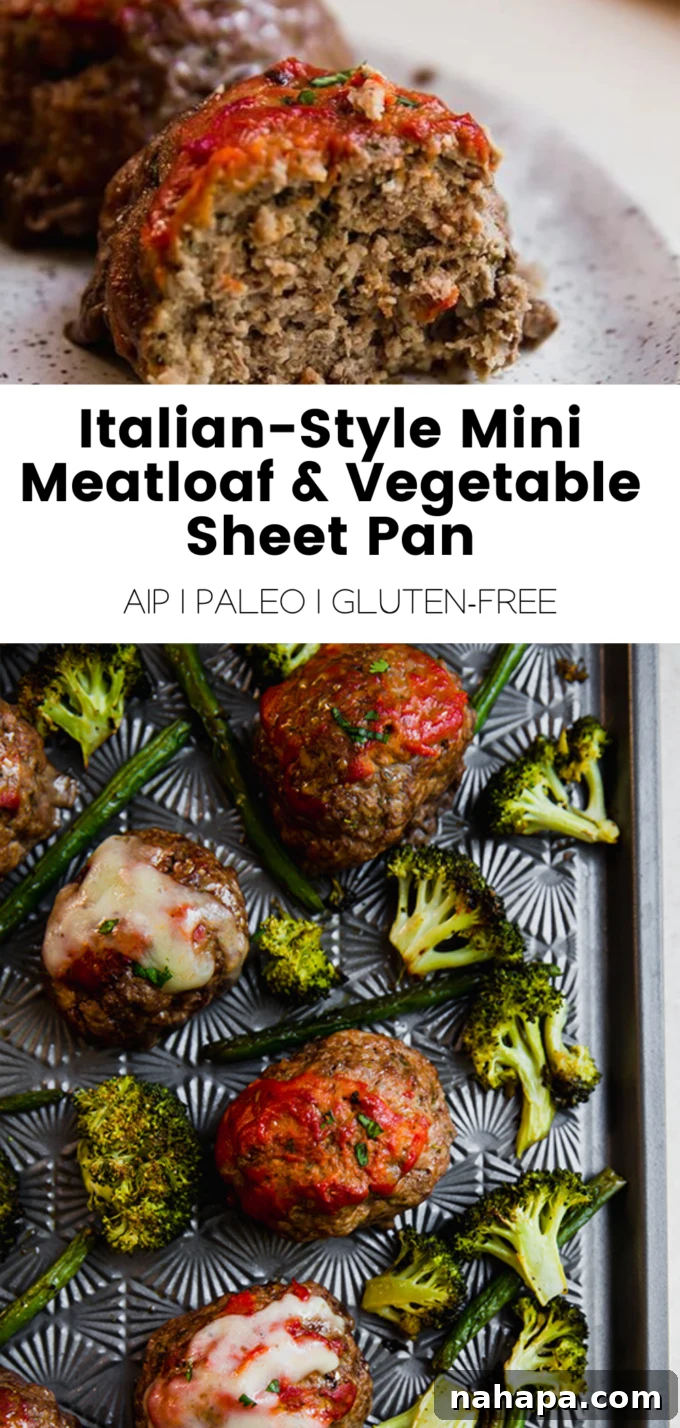 One-Pan Italian Mini Meatloaf & Roasted Vegetables (Gluten & Dairy-Free) 8 A graphic banner titled 'Italian Mini Meatloaves' with a photo of the finished dish.