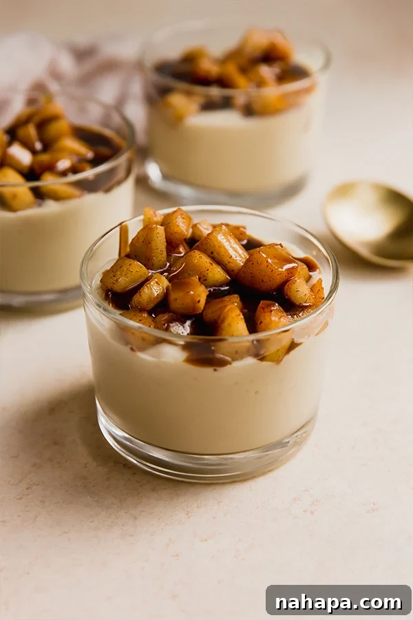 A single cup of dairy-free caramel vanilla pudding garnished with apples and caramel.