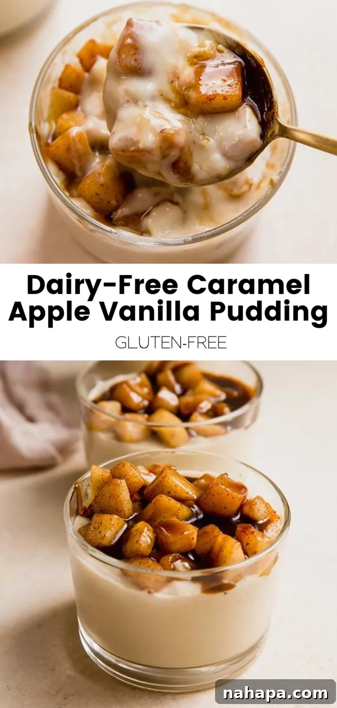 A large image advertising Dairy-Free Caramel Apple Vanilla Pudding.