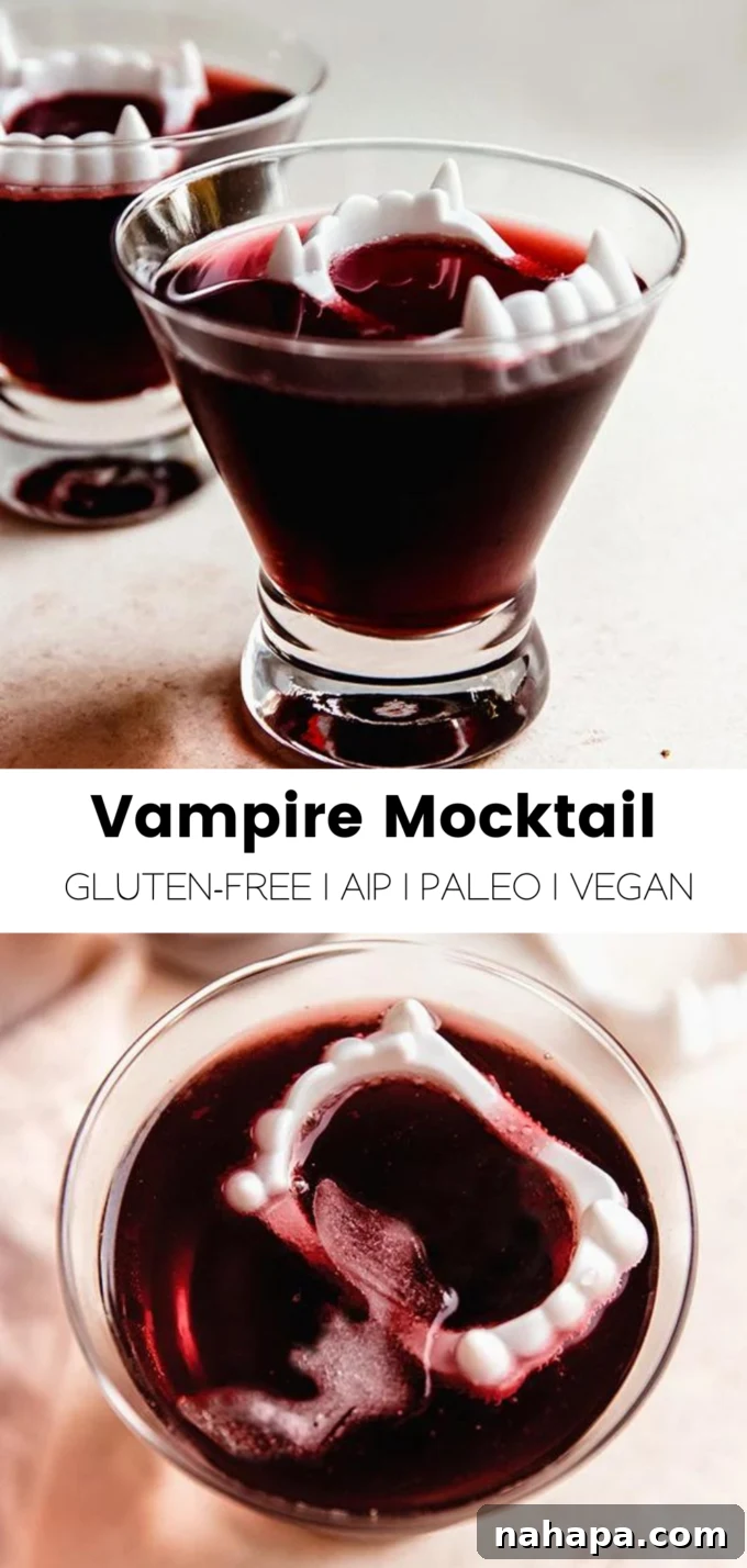 Nightwalker Nectar 6 A creative graphic for Vampire Mocktail, showcasing the ingredients and final drink.