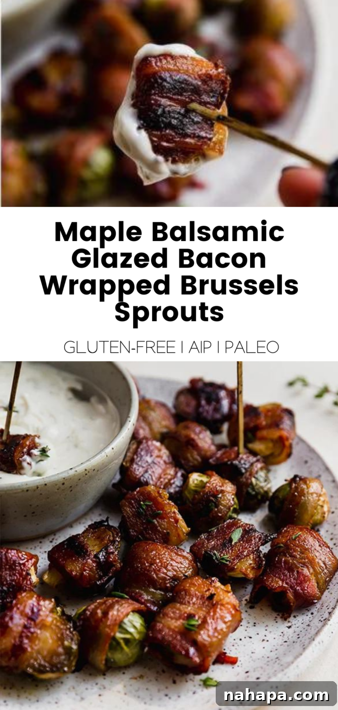 A large infographic style image summarizing the Bacon Wrapped Brussels Sprouts recipe, with key ingredients and a finished dish photo.
