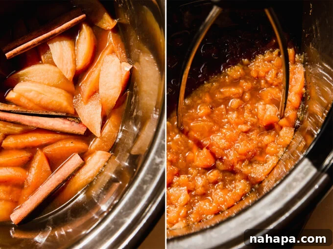 Crockpot Apple Comfort 4 Side-by-side comparison: cooked apples in a slow cooker before mashing, and being mashed to desired consistency.