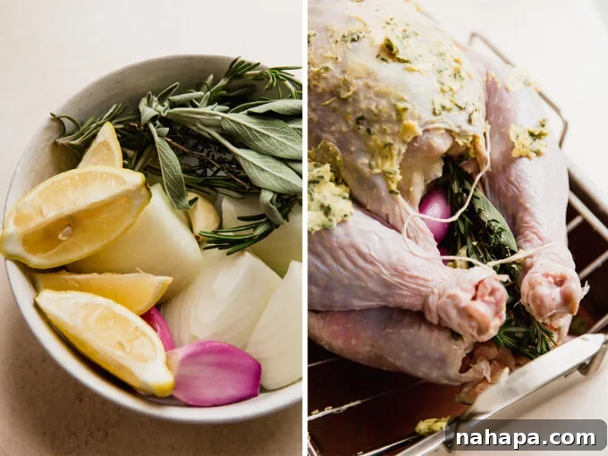 A side-by-side photo showing a turkey prepared with aromatics for stuffing and the ingredients themselves.