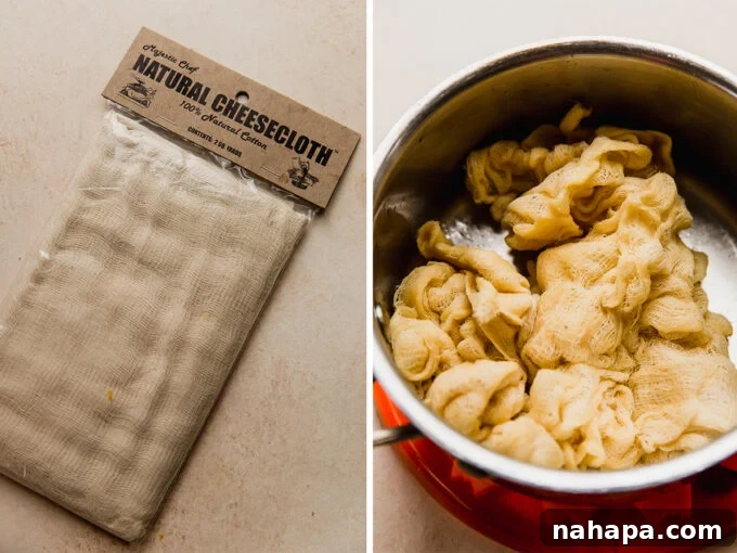 A side-by-side photo showing fresh cheesecloth in its packaging and then a piece soaked in melted ghee.