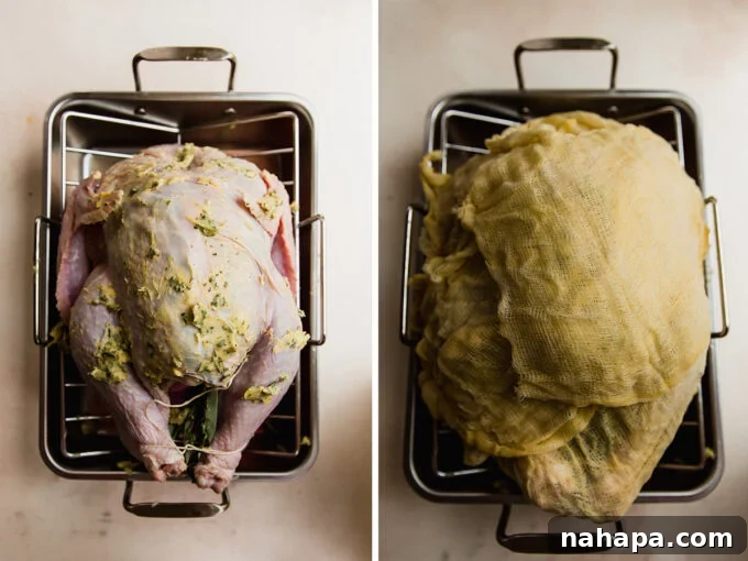 A side-by-side photo illustrating a turkey on a roasting rack, first without, then with the cheesecloth draped over it.