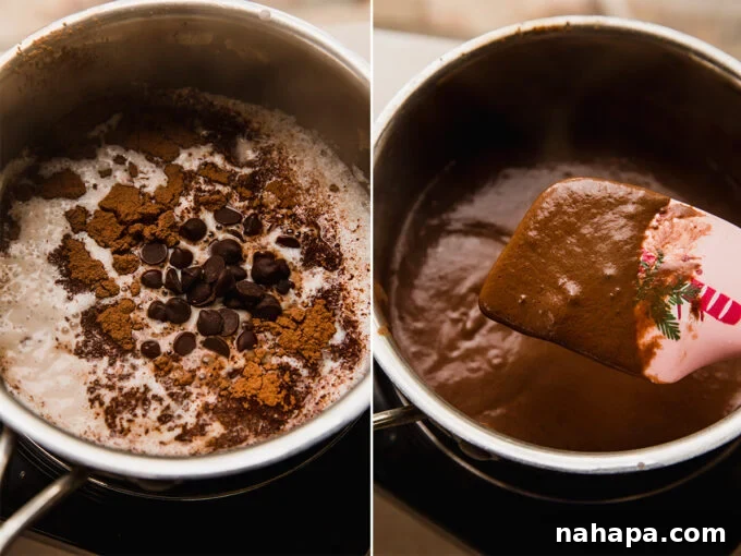 A saucepan filled with thick, rich Italian Hot Chocolate, ready to be poured.