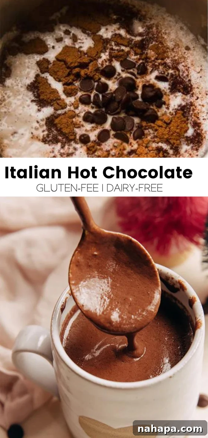 A top-down view of a mug of dairy-free Italian Hot Chocolate next to some whole chocolate pieces.