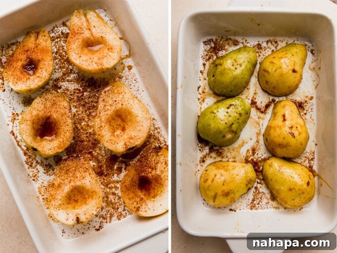 Perfectly Simple Baked Pears 3 Baked pears with caramelized topping cooling in a baking dish.
