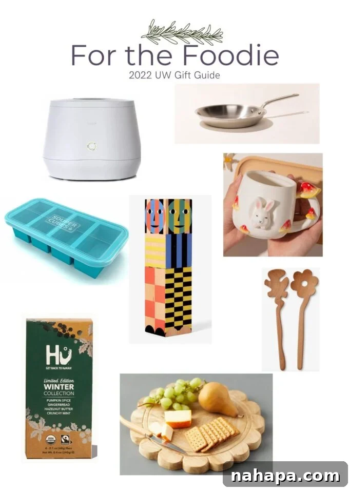 Foodie Gift Guide: Stainless steel pans, Lomi composter, pepper grinder, spatulas, Souper Cubes, serving board, mug, Hu Kitchen bars