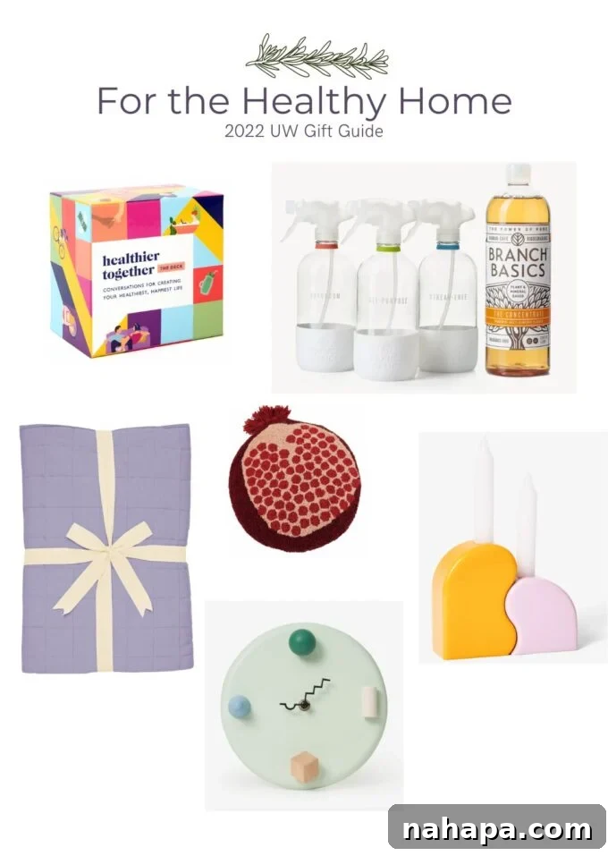 Healthy Home Gift Guide: Conversation deck, Kyte Baby blanket, Branch Basics, pomegranate pillow, candle holder, wall clock