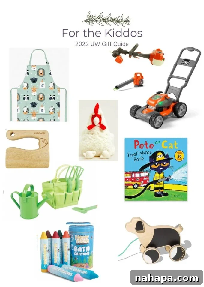 Kiddo and Toddler Gift Guide: Kids apron, lawn care set, Montessori knife, Warmies, gardening set, Pete the Cat books, bath crayons, Lovevery pull puppy