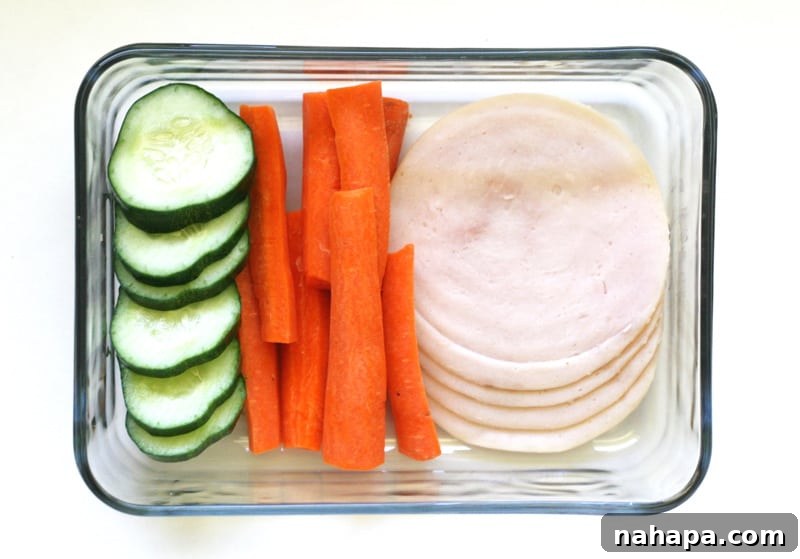 Quick and Wholesome Paleo AIP Snacks for Life on the Go 3 Sliced turkey and various cut vegetables arranged in a portable container.