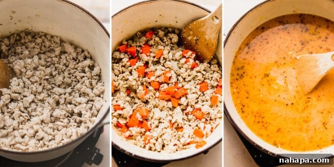 Three sequential photos showing the process of cooking creamy ravioli soup: browning sausage, sautéing vegetables, and simmering the broth.