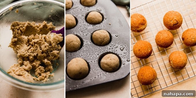 A collage of process photos showing the steps of making gluten-free jelly donut holes, from dough preparation to baking.