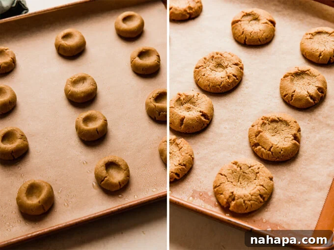 Guilt-Free Paleo Vegan Almond Butter Blossoms 4 Almond butter blossom cookies both before and after baking, showing the transformation.
