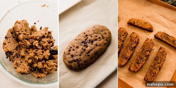 Indulgent Gluten-Free Chocolate Chip Biscotti 3 Step-by-step photographic guide showing the process from forming the dough log to the first bake, slicing, and second bake of the chocolate chip biscotti.