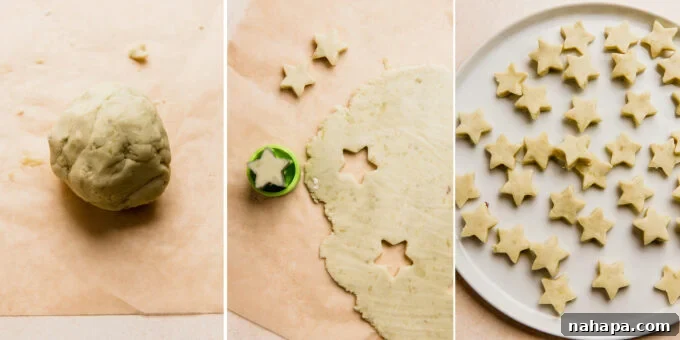 The steps to making the stars for chicken & stars soup, showing mashed sweet potato and starch.