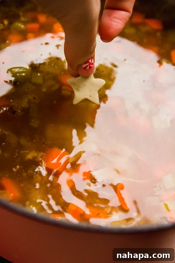A bowl of chicken and stars soup, ready to be served, showing the grain-free stars.