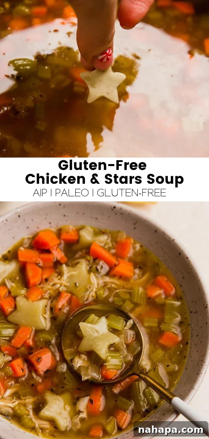 Full image of Gluten-free Chicken & Stars Soup in a bowl on a light background.