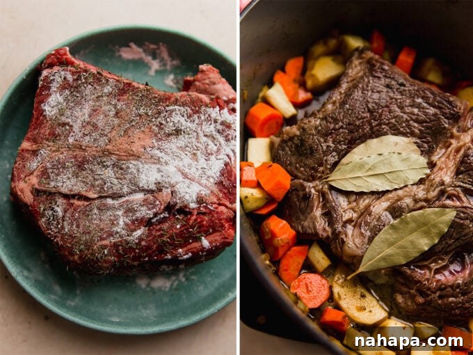 Two images side by side. The left image shows a raw, seasoned chuck roast in a Dutch oven with vegetables. The right image shows the same roast after baking, tender and shredded, ready to be served.