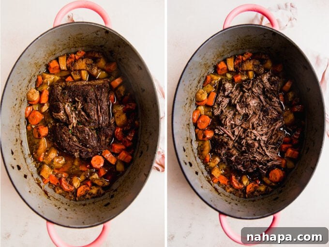 Two images side by side. The left image shows a raw chuck roast in a Dutch oven surrounded by raw vegetables, ready for the oven. The right image shows the same Dutch oven filled with the finished, shredded pot roast and tender vegetables after baking.