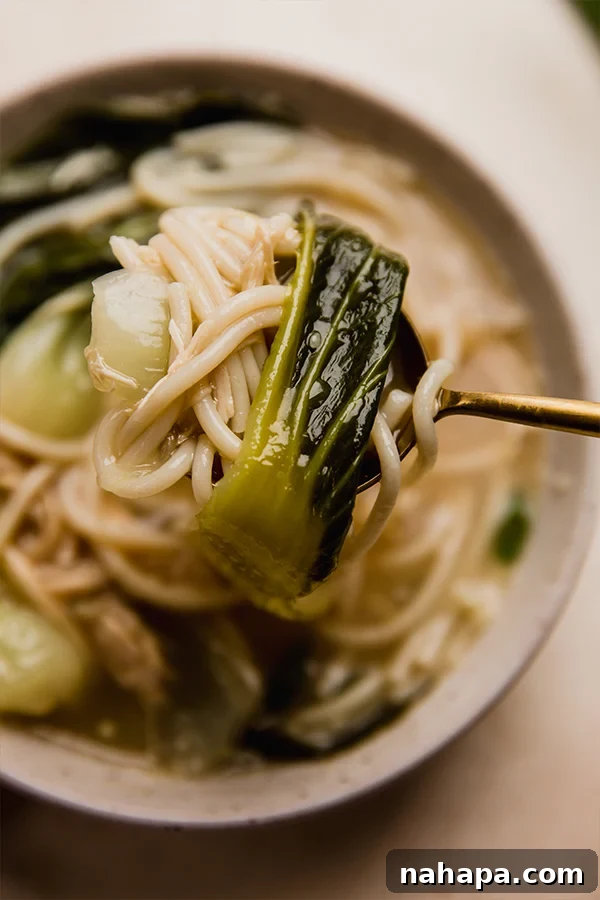Bok Choy Noodle Soup in a bowl, ready to eat.