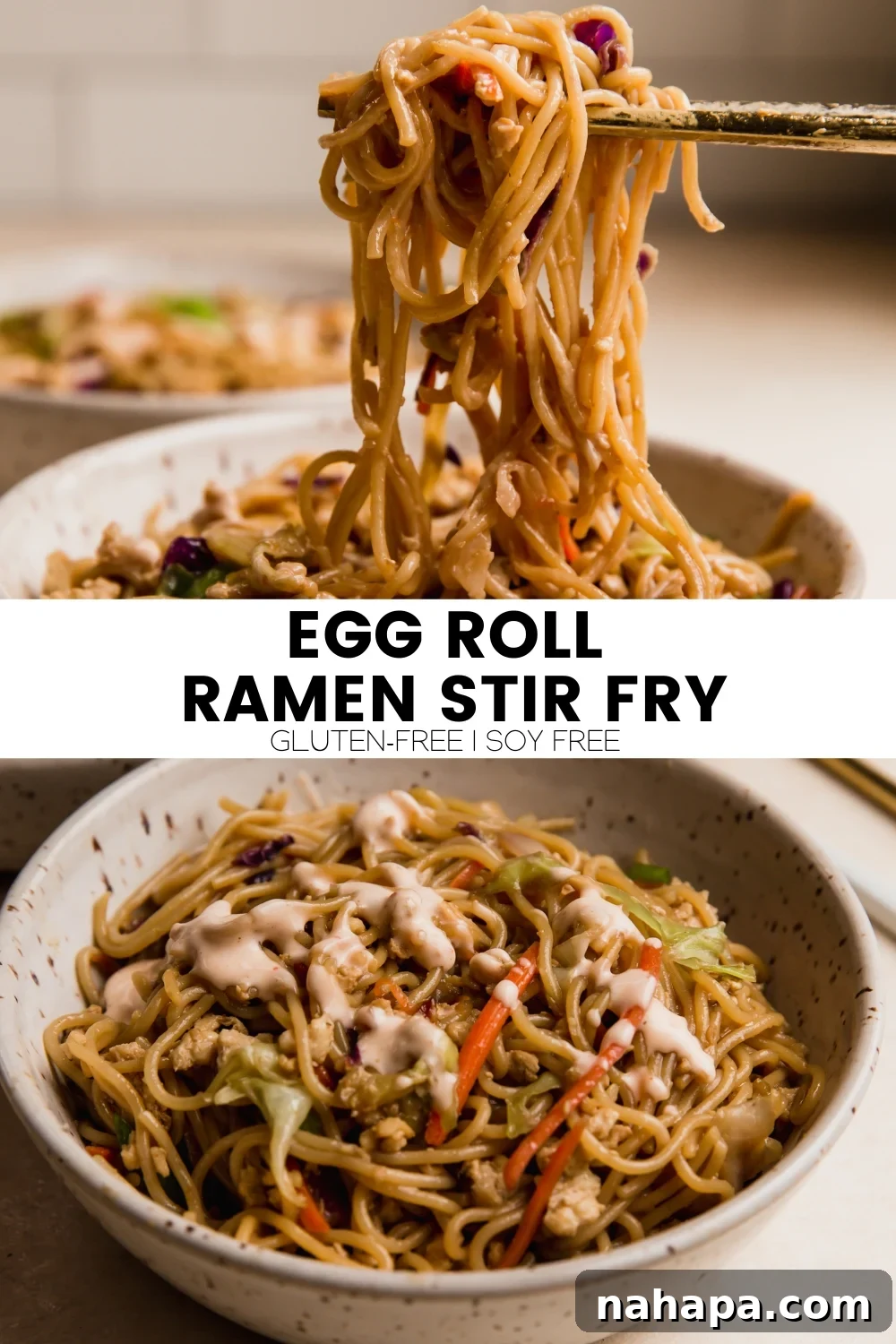 Pinterest graphic promoting the gluten-free egg roll ramen stir fry recipe.