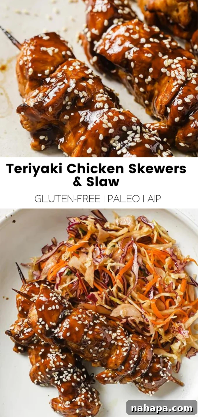 Sticky Teriyaki Chicken Skewers with Slaw 8 A large graphic promoting the Teriyaki Chicken Skewers and Slaw recipe, suitable for social media sharing.