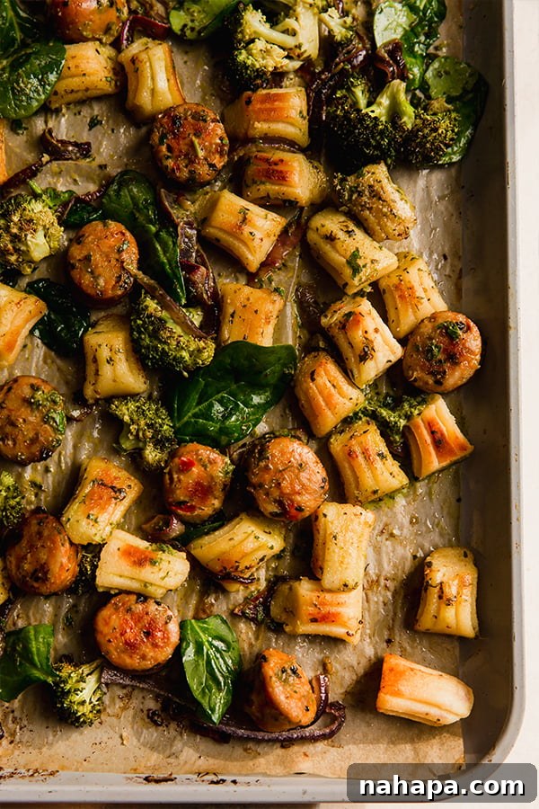 Roasted Gnocchi and Sausage Sheet Pan Dinner Gluten-Free 2 The gnocchi & sausage sheet pan after baking, perfectly golden and vibrant.