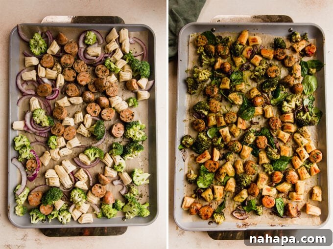 Roasted Gnocchi and Sausage Sheet Pan Dinner Gluten-Free 3 The gnocchi & sausage sheet pan before and after baking, showcasing the transformation.