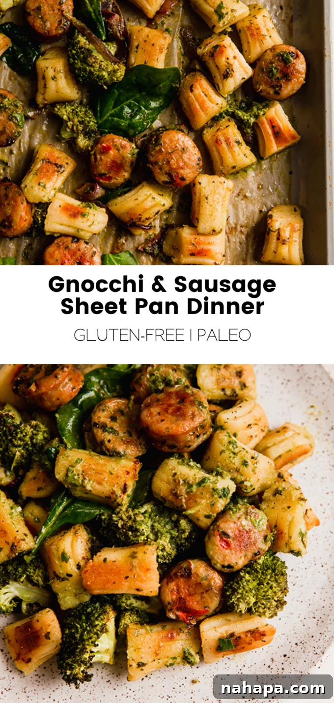Roasted Gnocchi and Sausage Sheet Pan Dinner Gluten-Free 7 A beautifully presented Gnocchi & Sausage Sheet Pan Dinner on a serving board.