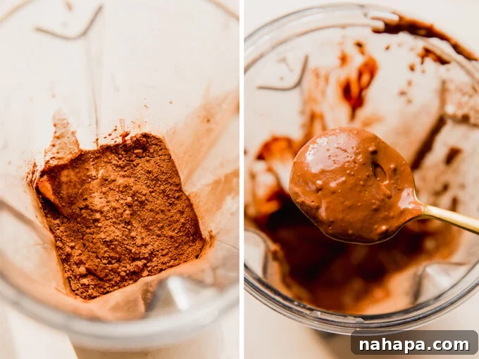 Two bowls are shown side-by-side: one with the individual ingredients for the chocolate fruit dip before blending, and the other with the finished, smooth, and creamy dip after blending.